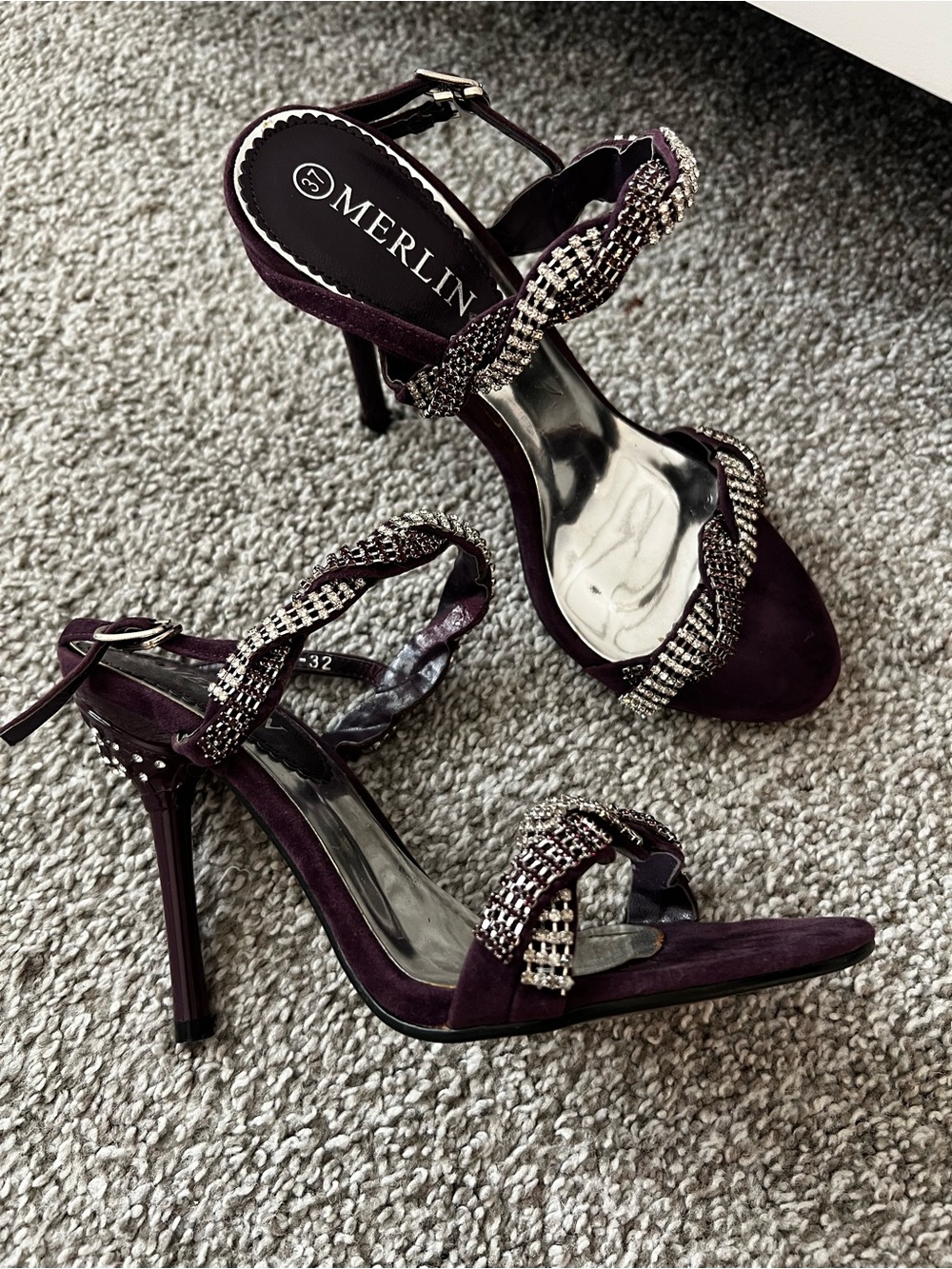 Purple Crystal-Embellished Suede High Heel Sandals